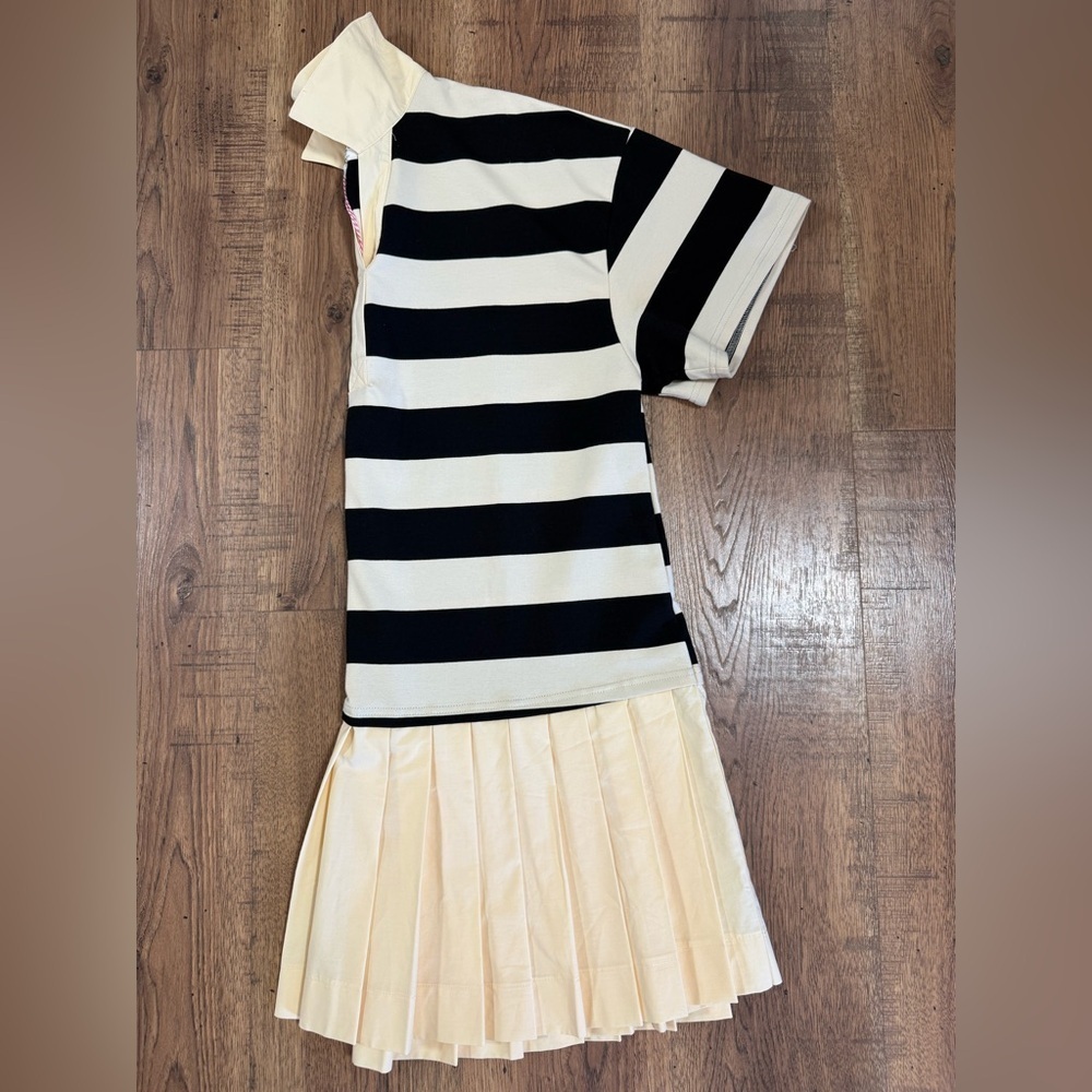 UMGEE women’s striped Pleated Shift Dress black beige collared short sleeve L